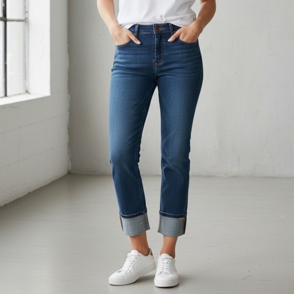 LOFT Curvy Straight Jeans 29 8P Blue Denim Cuffed Raw Hem Casual Stretch